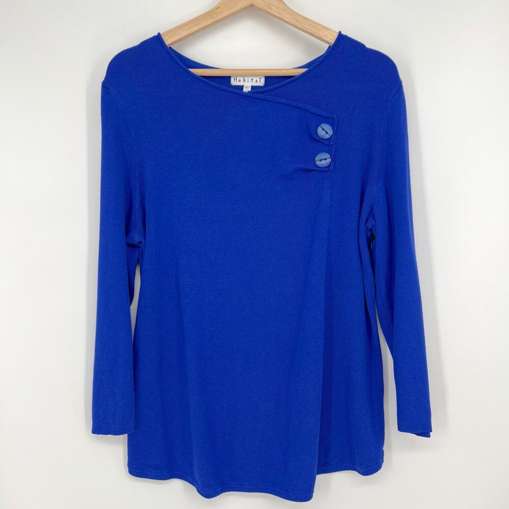 Habitat Cotton Blend Tunic Sweater Womens Large Royal Blue Button Scoop Neck